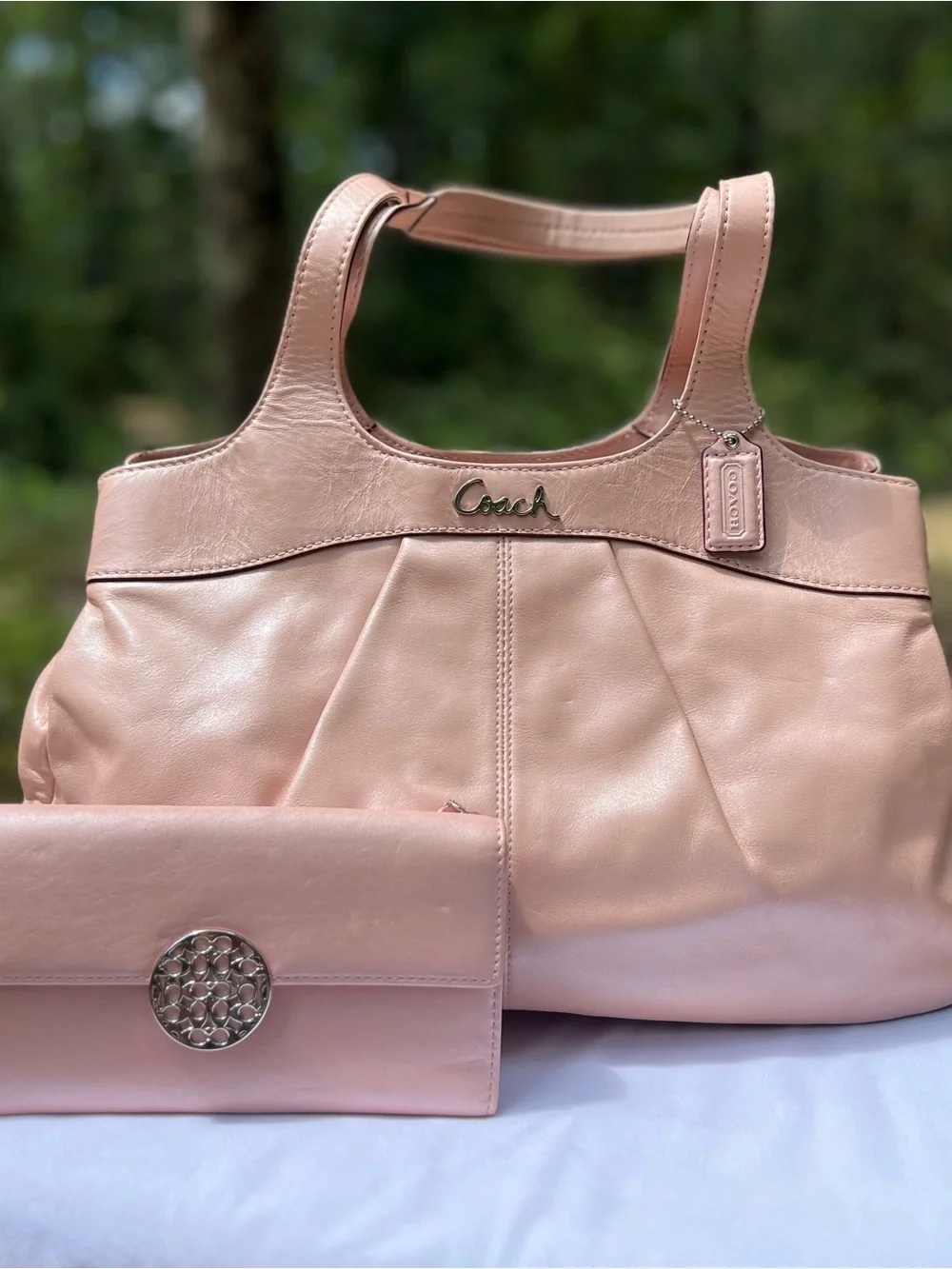 Coach Y2K era Blush Pink Tri-Fold Wallet with Round Silver C Emblem Buckle